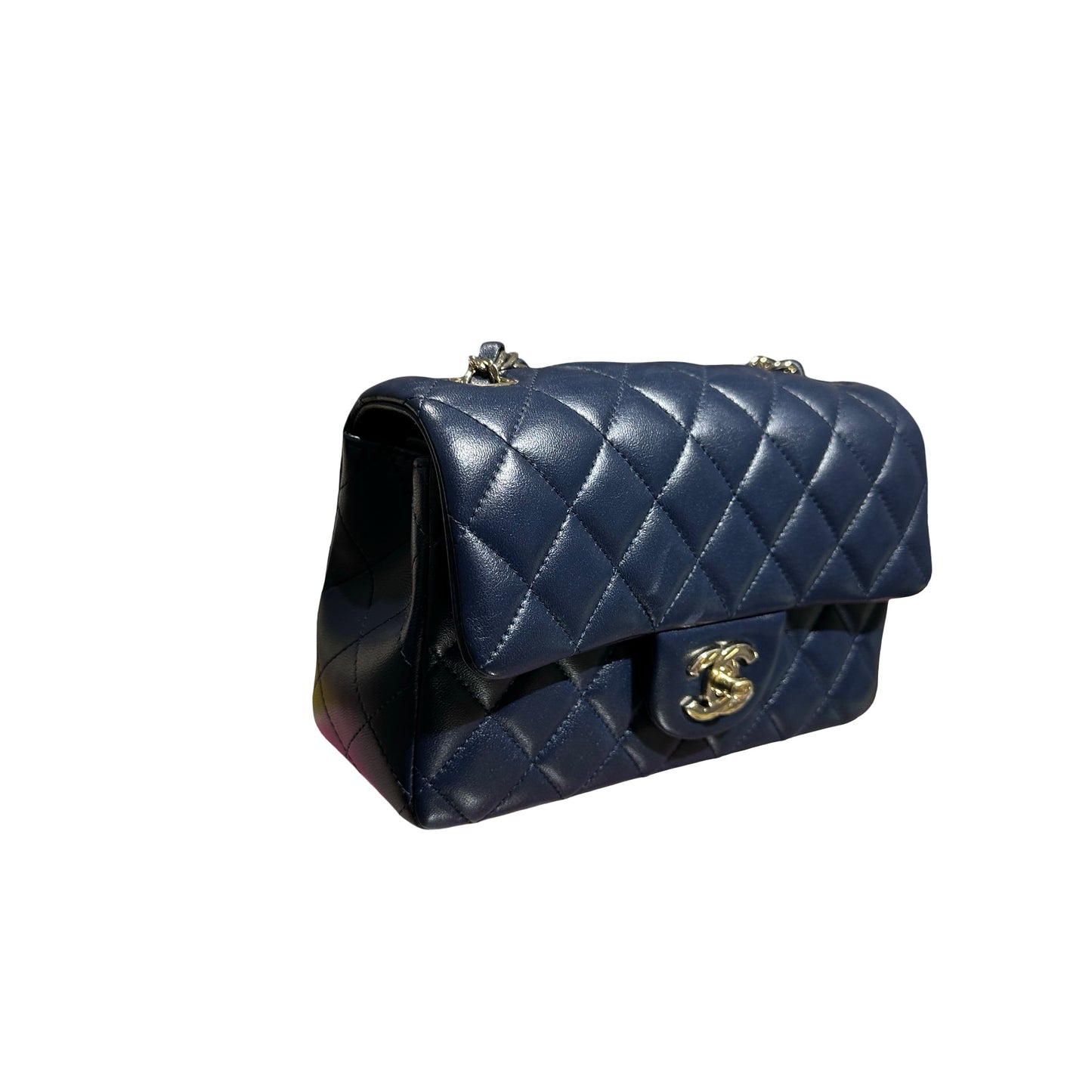 Used Chanel Lambskin Leather MINI FLAP 20 CM Shoulder Bag Navy GHW