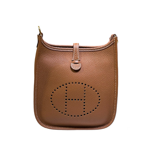 Used HERMES Clemence Leather Evelyne Crossbody Bag Brown GHW