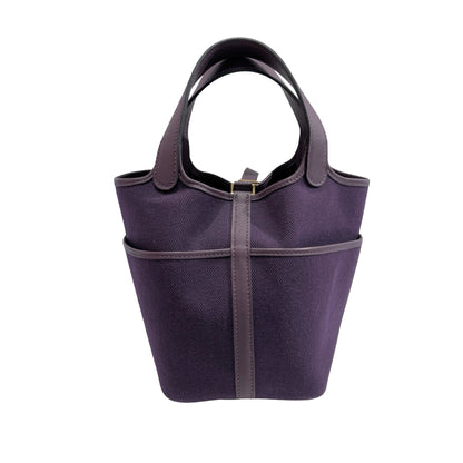 Used HERMES Canvas Leather Cargo Picotin 18 Bucket Bag Purple GHW