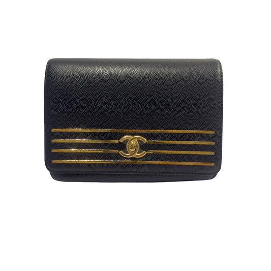 Used CHANEL Caviar Leather Vintage CC Flap Crossbody Bag Black Gold Hardware