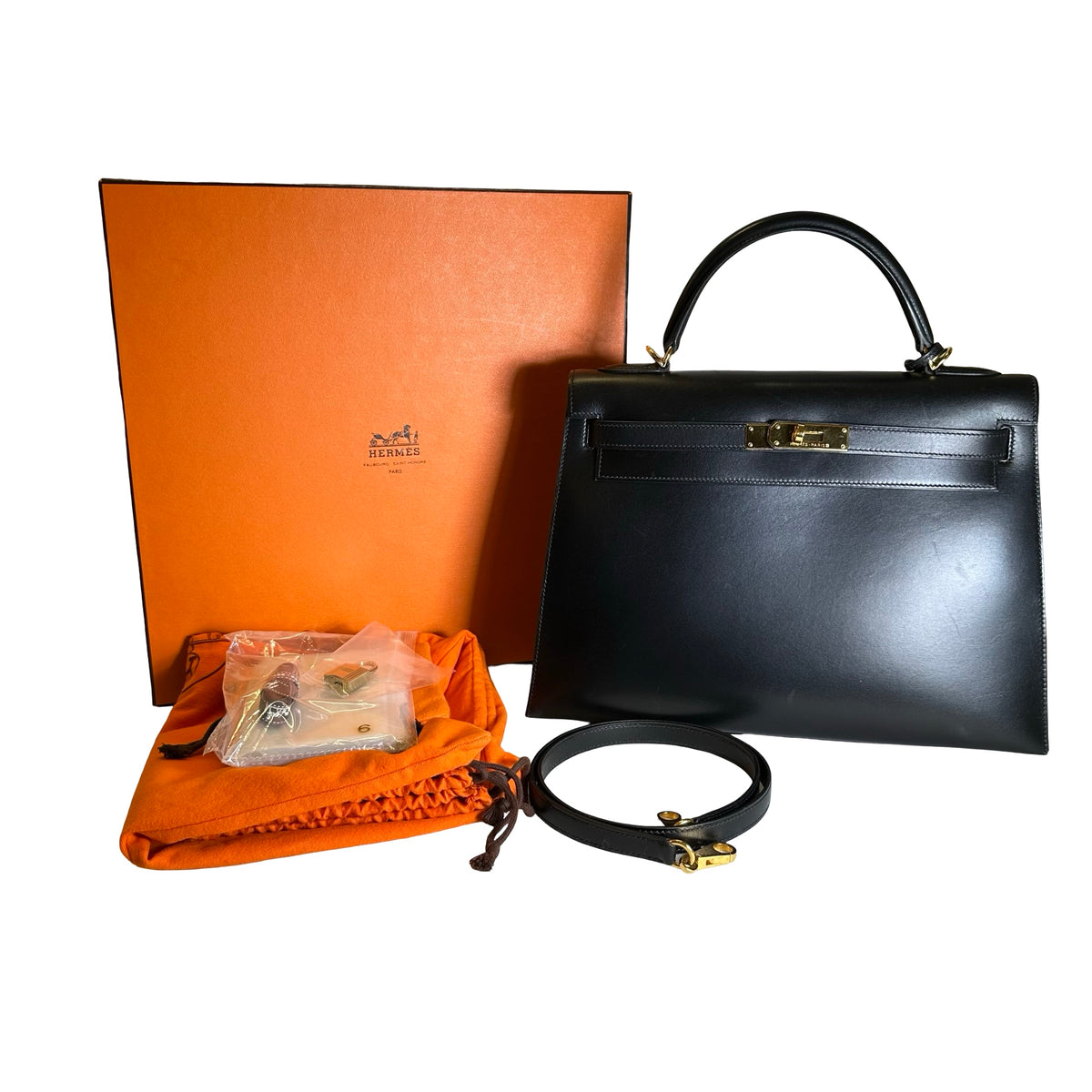 Used HERMES Box Calf Kelly 32 Handbag Black Gold