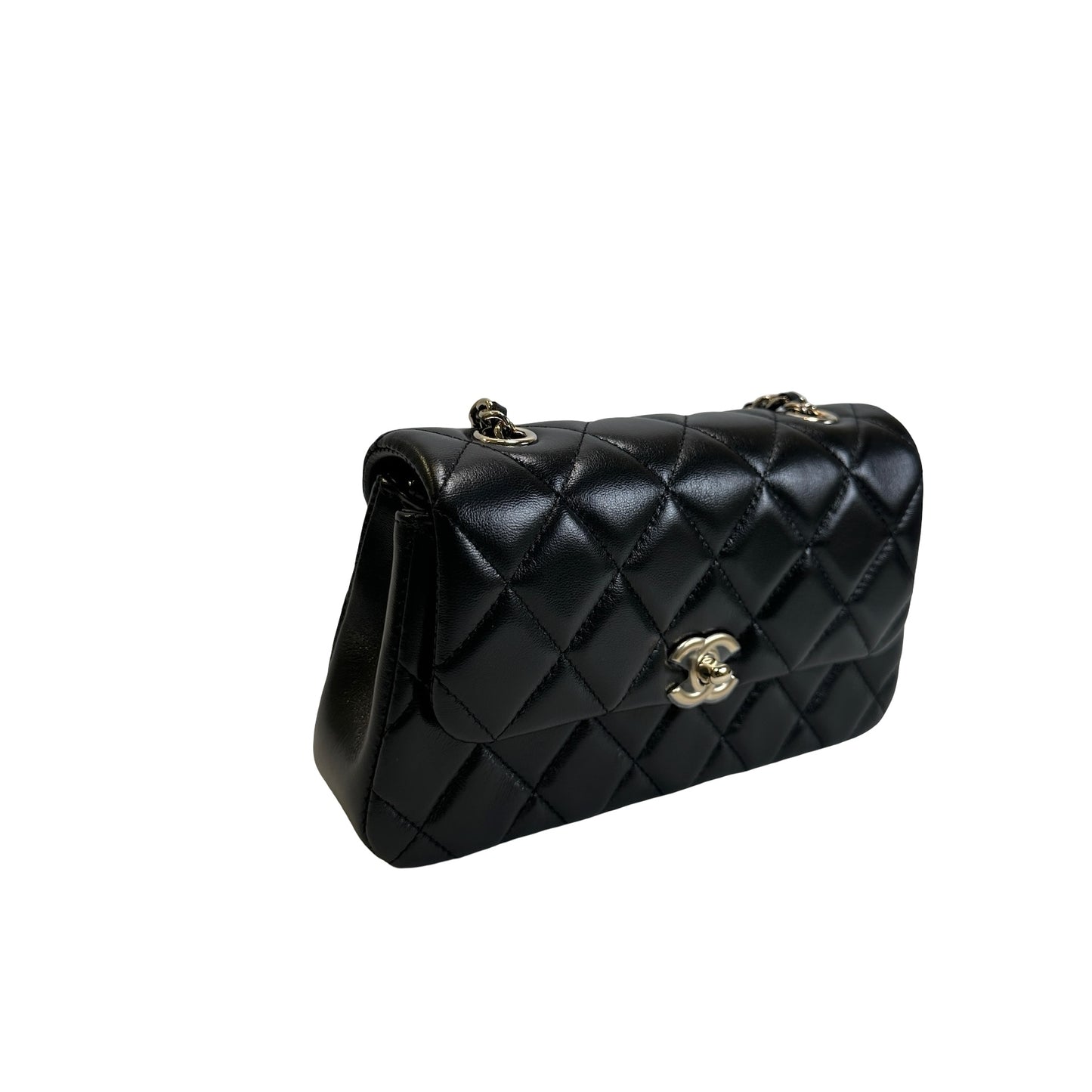 Used CHANEL Quilted Lambskin Mini Rectangular Flap Bag Chain Shoulder Bag Black Gold