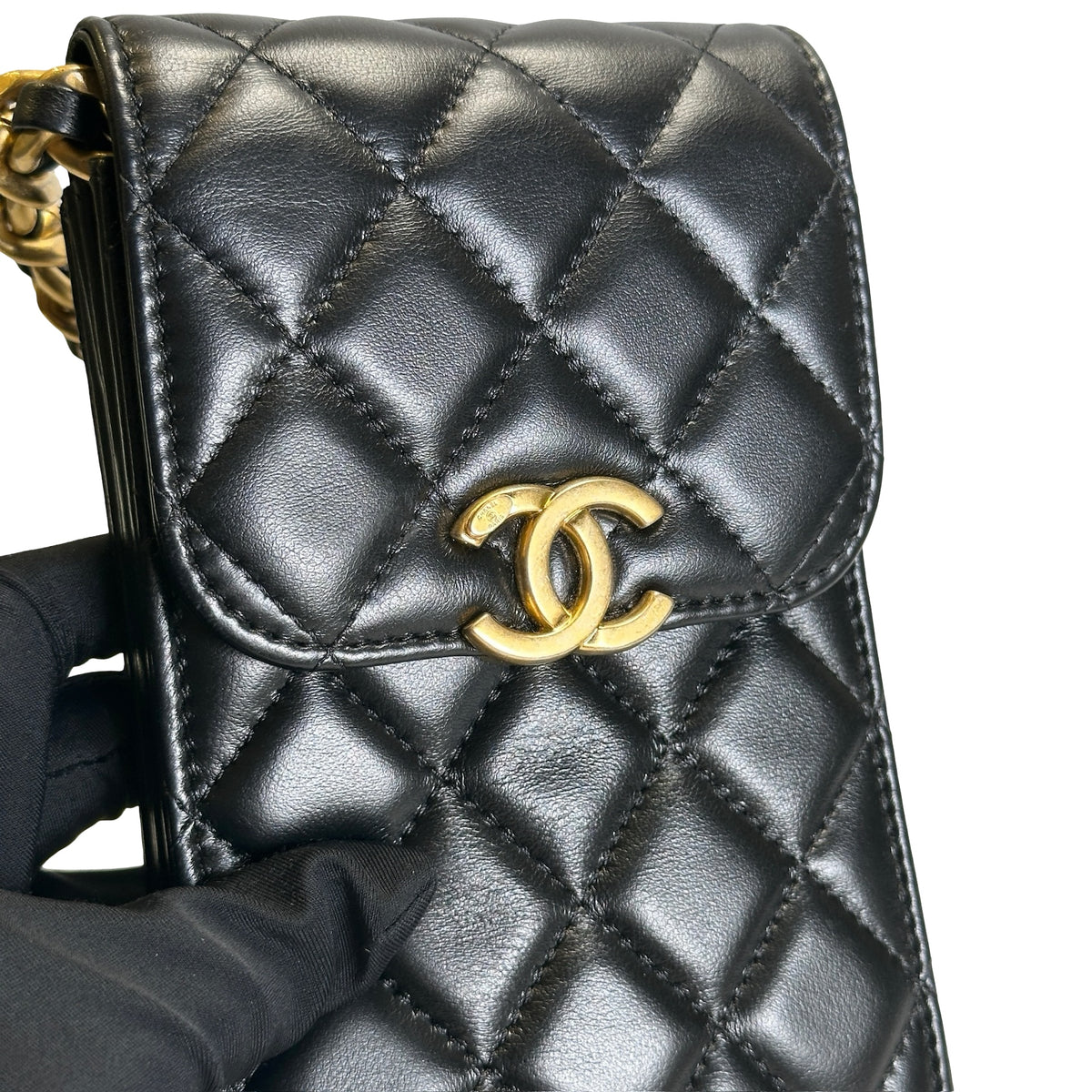 Used CHANEL Quilted Lambskin Chanel 19 Phone Holder Phone Bag Black Gold Ruthenium