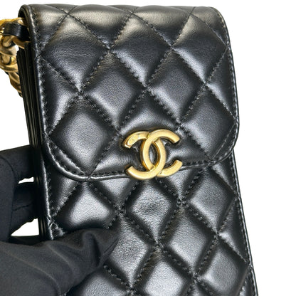 Used CHANEL Quilted Lambskin Chanel 19 Phone Holder Phone Bag Black Gold Ruthenium