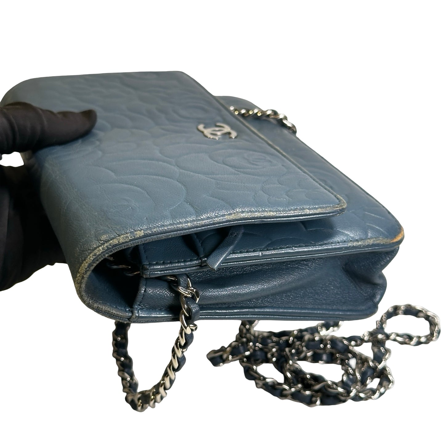 Used CHANEL Camellia Leather Wallet on chain Wallet on chain Navy