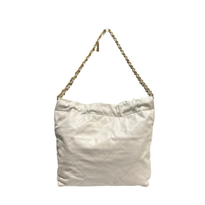 Used CHANEL Shiny Calfskin 22 Small Shiny Calfskin Shoulder Bag White Black GHW