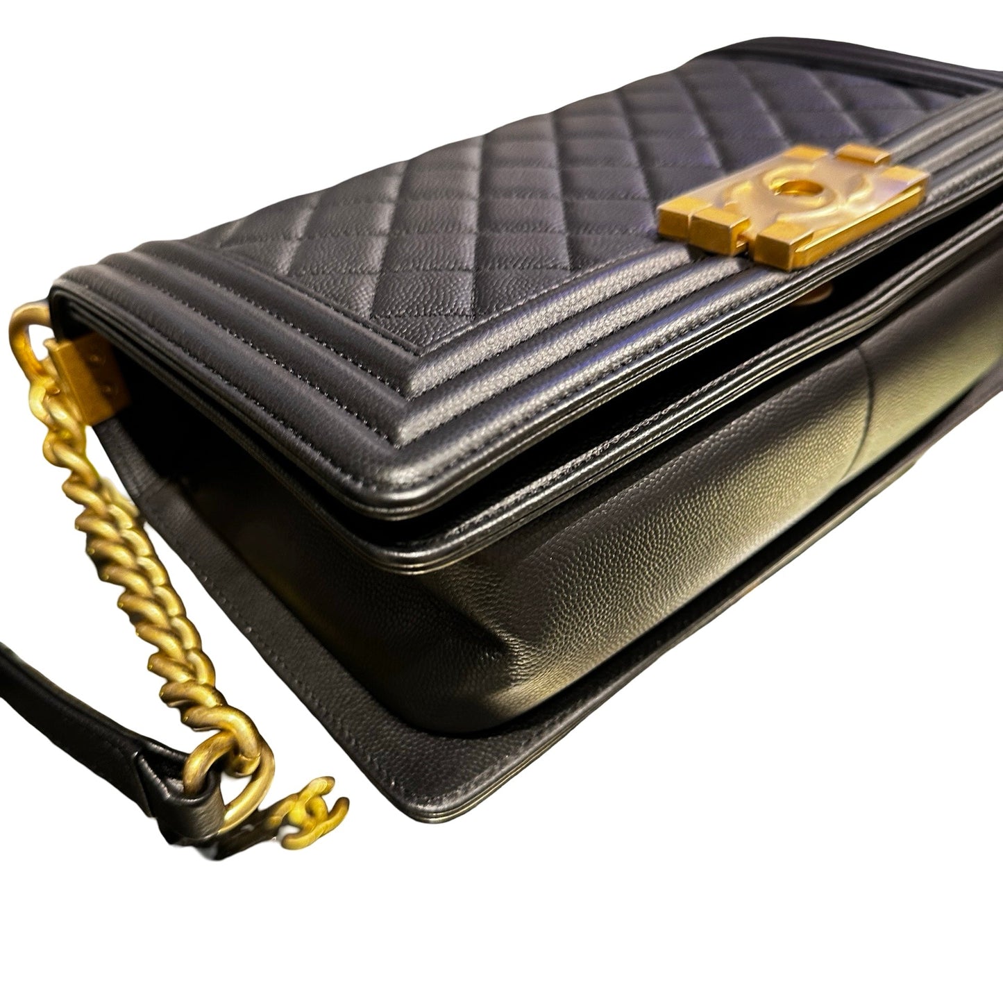 Used Chanel Calfskin Leather Boy 25cm Shoulder Bag Black GHW