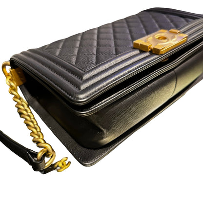 Used Chanel Calfskin Leather Boy 25cm Shoulder Bag Black GHW