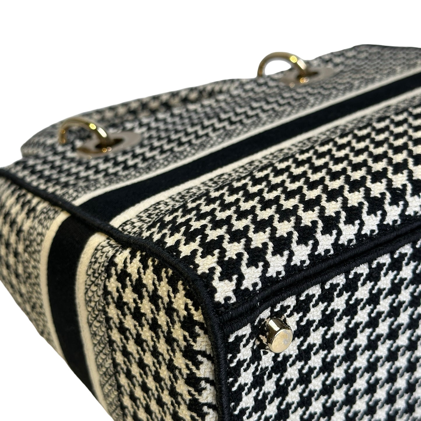 Used DIOR Houndstooth Embroidery Lady D-Lite Handbag Black White