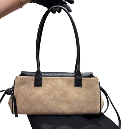 Brand New CHANEL Quilted Suede Leather Top Handle Flap Bag Shoulder Bag Beige Black