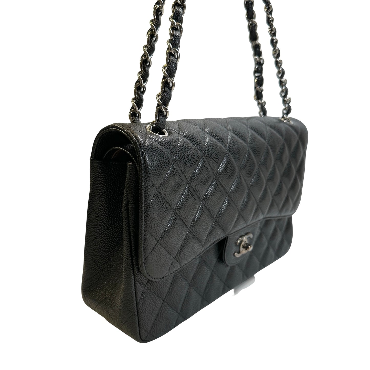 Used CHANEL Quilted Caviar leather Jumbo Single Flap Bag Shoulder Bag Black Silver hardware