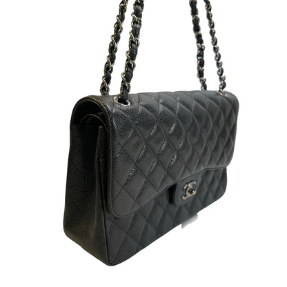 Used CHANEL Quilted Caviar leather Jumbo Single Flap Bag Shoulder Bag Black Silver hardware