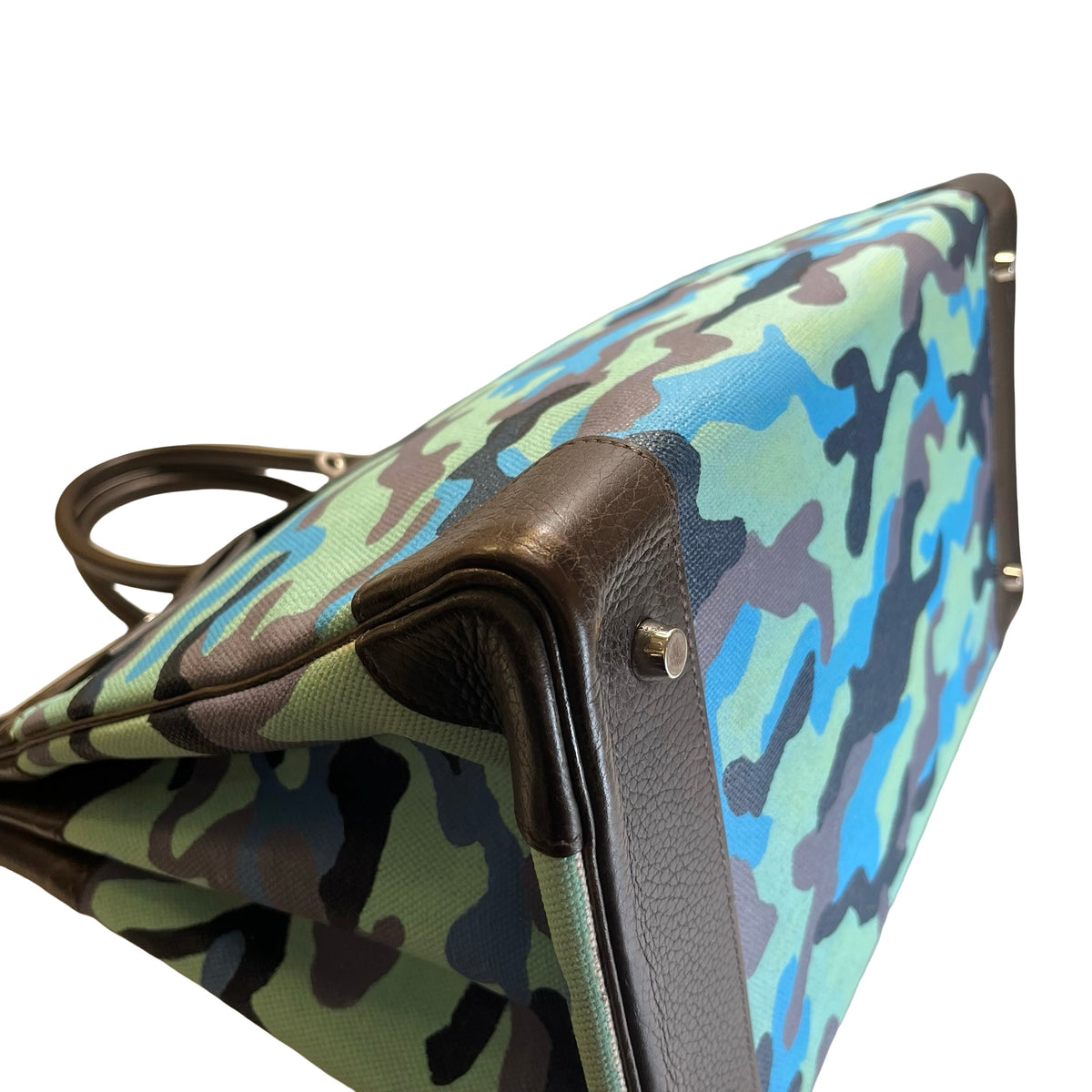 Used HERMES Camouflage Leather Toile HAC Birkin 35 Handbag Brown Blue Green
