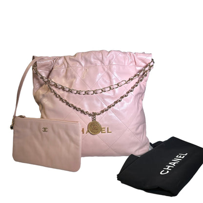 Used CHANEL Calfskin Leather 22 Medium Shoulder Bag Pink GHW