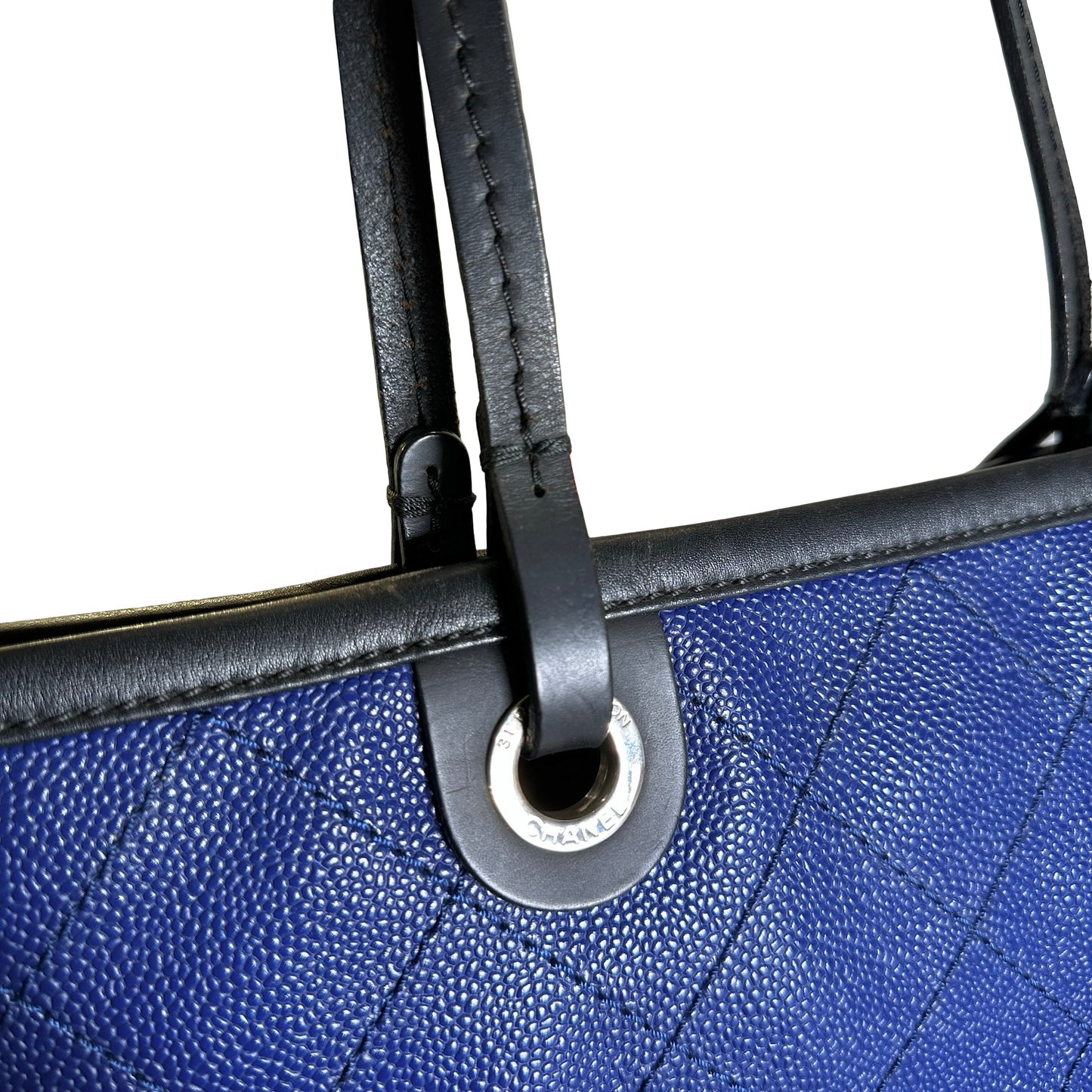 Used CHANEL Quilted Caviar Leather GST Tote Bag Blue Silver