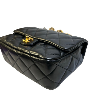 Used CHANEL Quilted Lambskin Top Handle Flap Bag Handbag Black