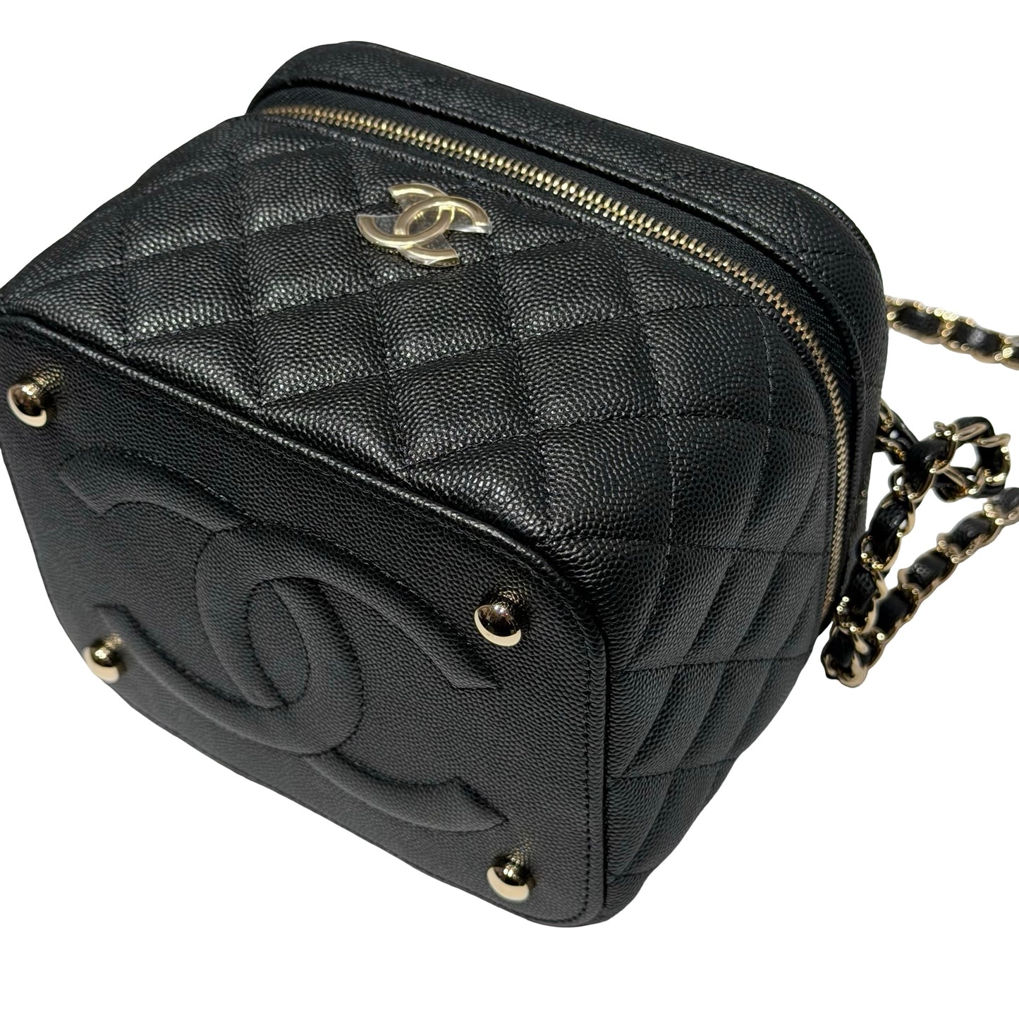 Unused Chanel Calfskin Leather Vanity Case Cross Body Bag Black GHW