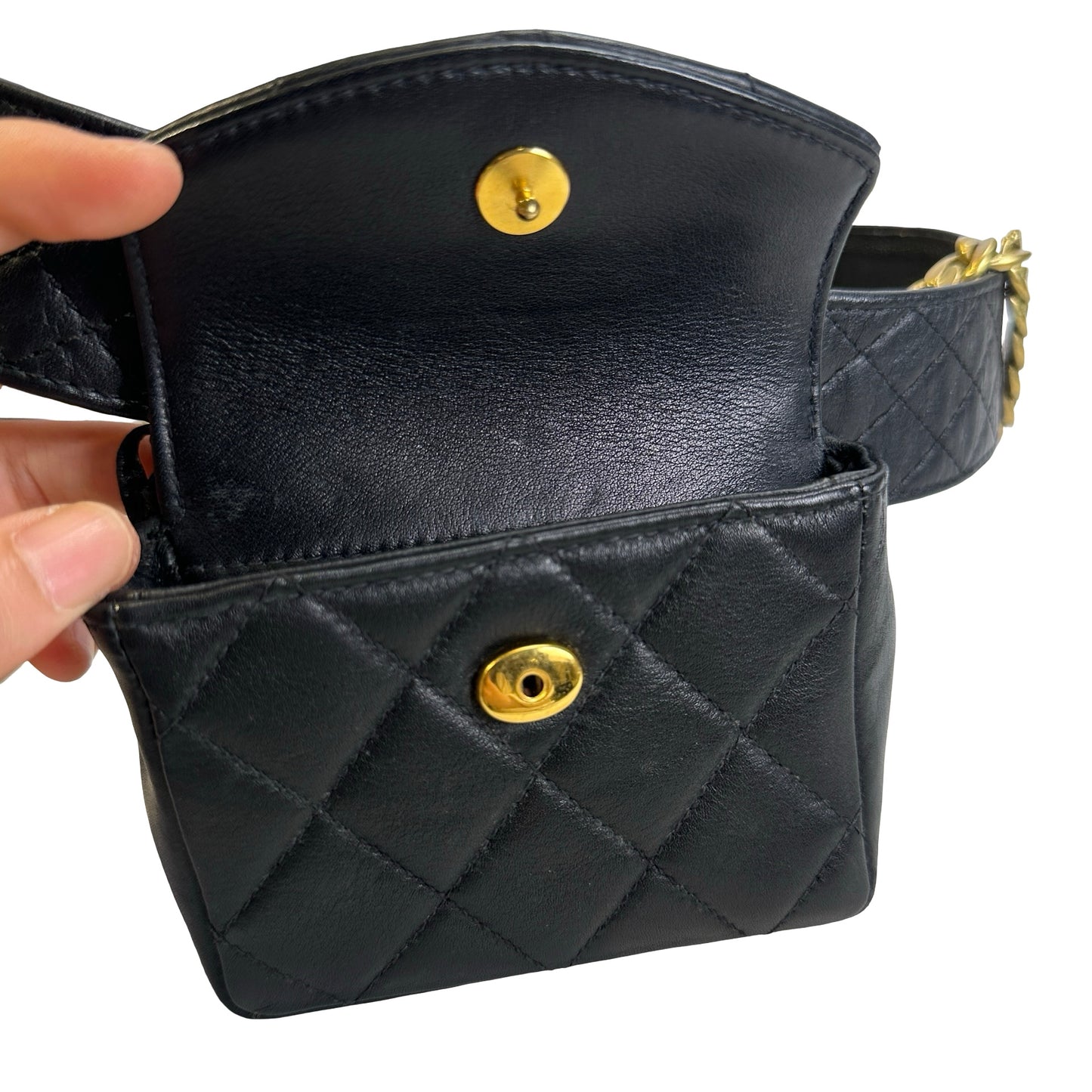 Used CHANEL Quilted Leather Quilted Belt Bag Belt bag Black Gold