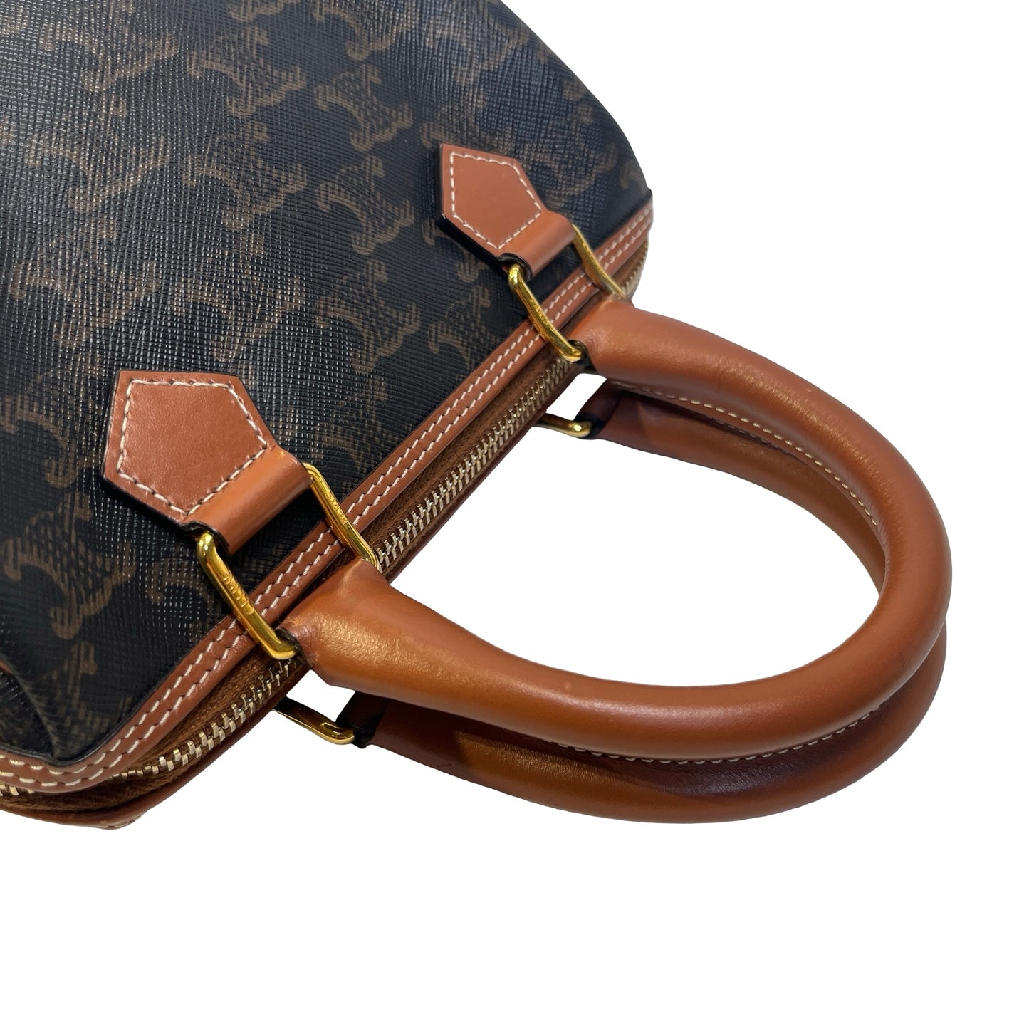 Used CELINE Triomphe Canvas Boston Handbag Black Brown