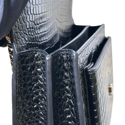 SAINT LAURENT Crocodile Embossed Leather Sunset Chain Shoulder Bag Black PHW