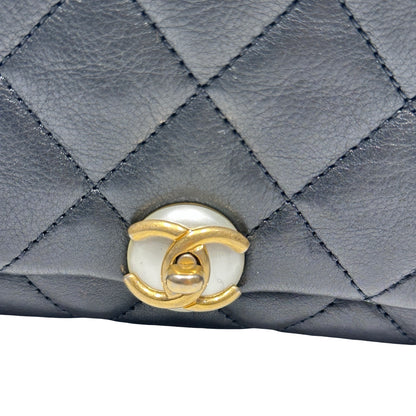 Used CHANEL Pearl Flap Chain Shoulder Bag Black GHW