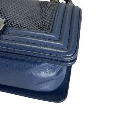 Used CHANEL Lizard Calfskin Boy Bag Shoulder Bag Navy Blue