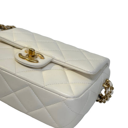 Used CHANEL Lambskin Mini Flap Bag With pearl Mini Bag White