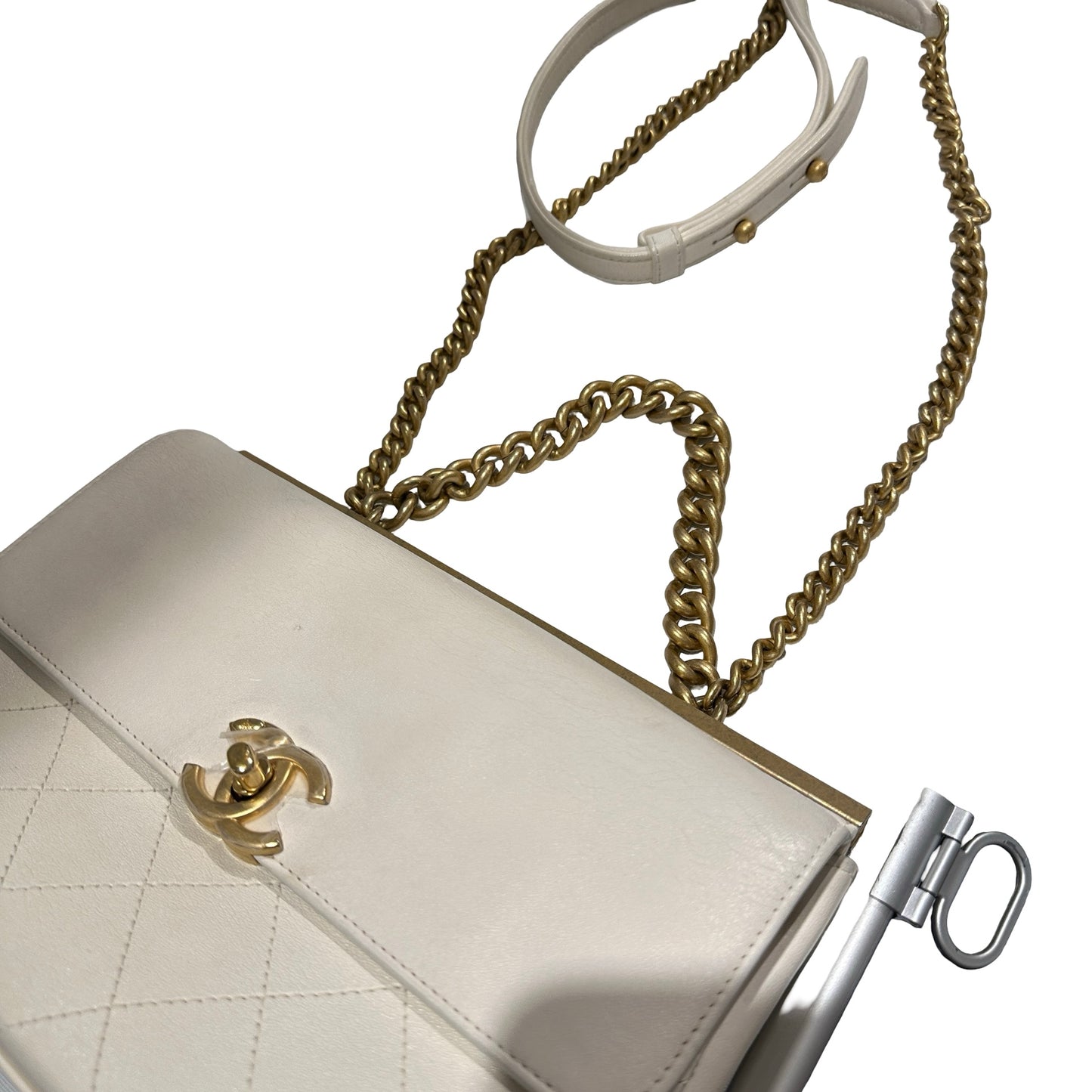 Used CHANEL Quilted Smooth Leather Small Coco Luxe Flap Bag Handbag White Gold