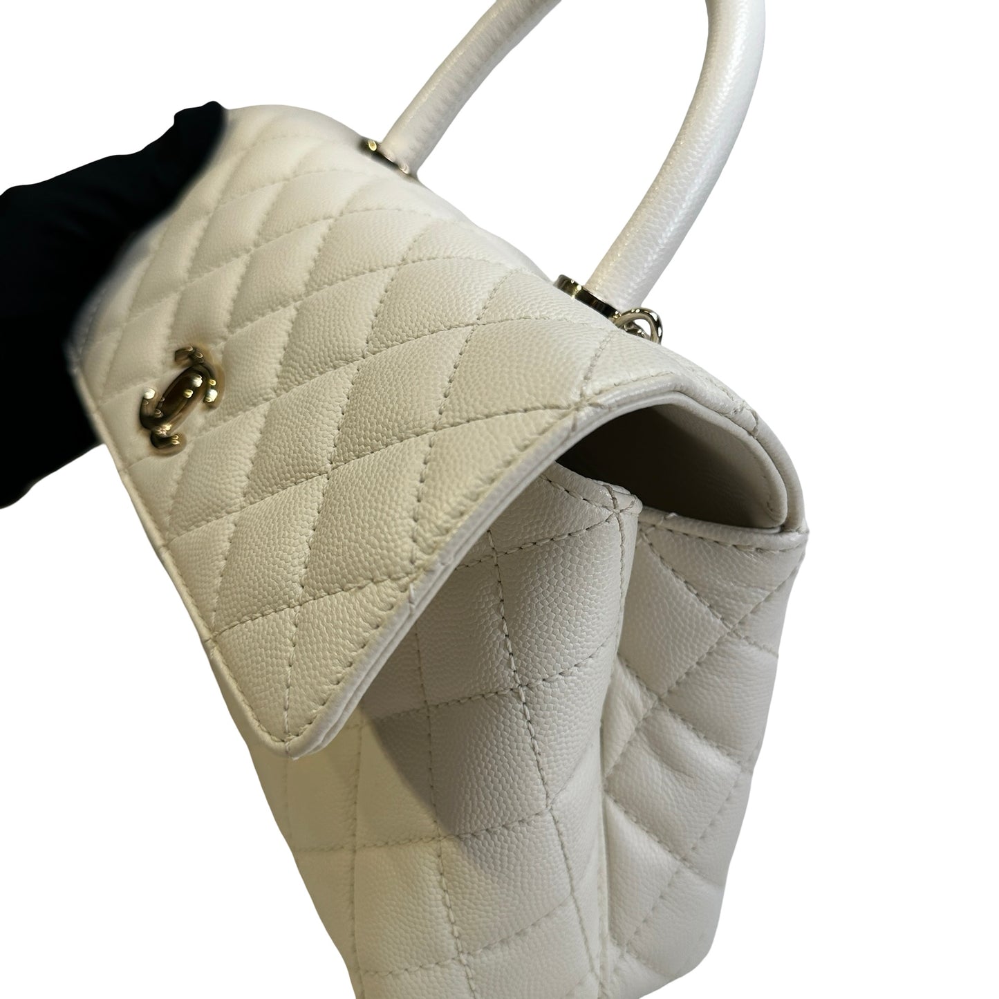 Used CHANEL Quilted Caviar Coco Handle Handbag White GHW