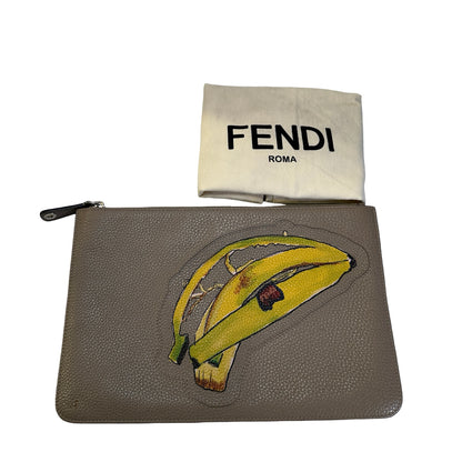 Used FENDI Leather Embroidery Banana Pouch Pouch Taupe Yellow Green PHW