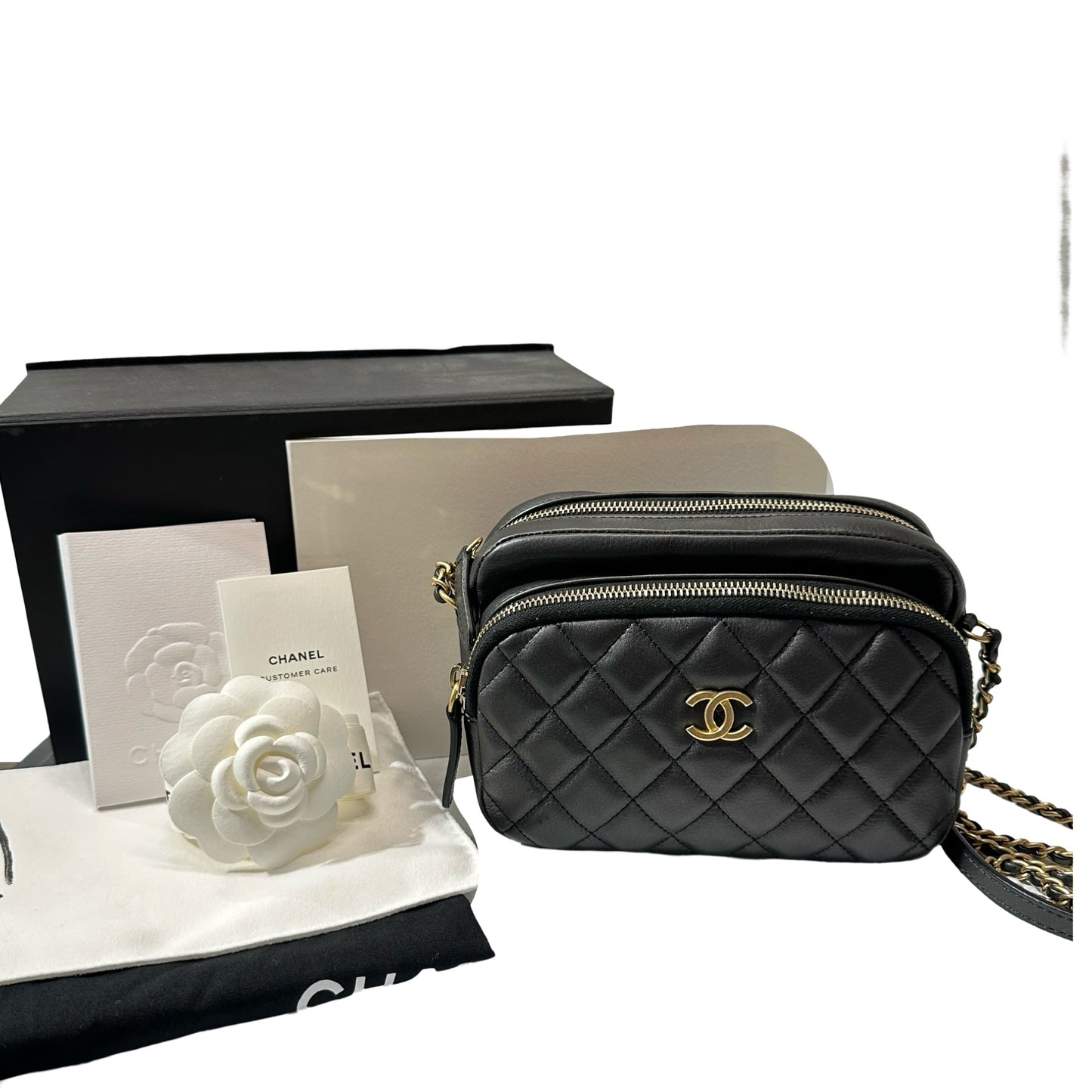 Used Chanel Calfskin Leather Camera Shoulder Bag Black GHW