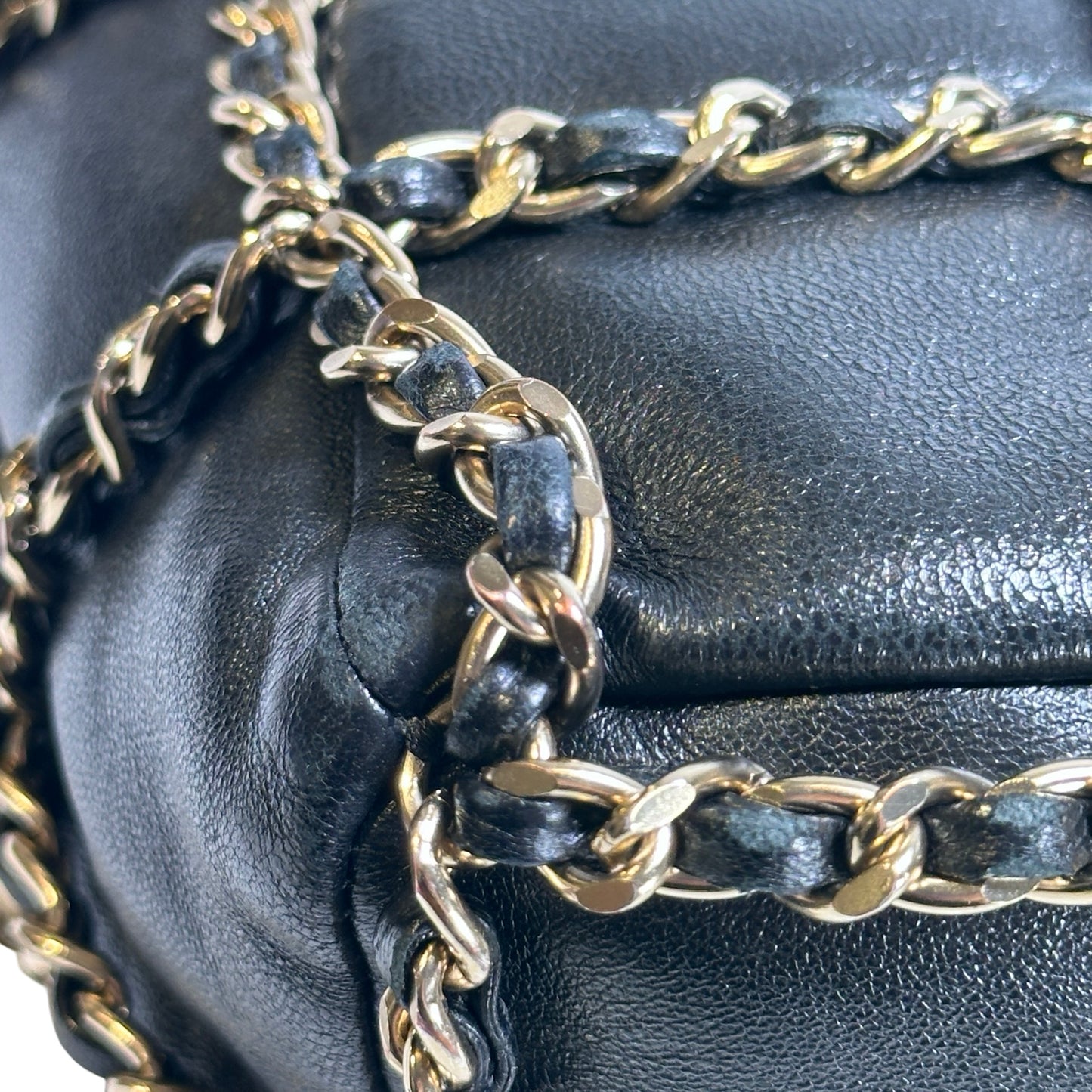 Used CHANEL Leather Drawstring Bag Drawstring Bag Black GHW