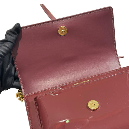 New SAINT LAURENT Patent Leather Small Sunset Chain Shoulder Bag Burgundy