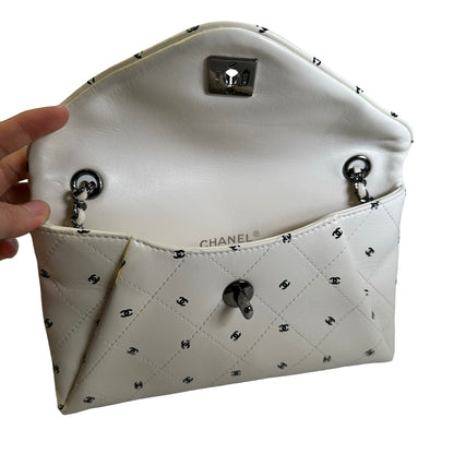 Used CHANEL Quilted CC Logo Print Quilted Wallet on Chain Chain Shoulder Bag White Black