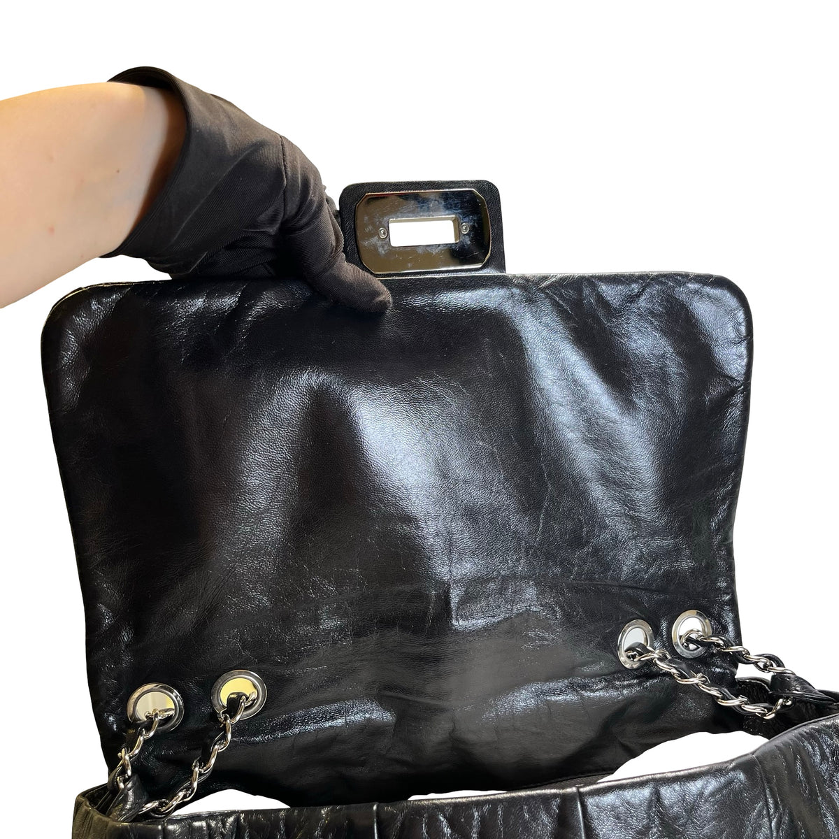 Used CHANEL Chocolate Bar Aged Calfskin 2.55 Reissue Flap Bag Chocolate Bar Chain Shoulder Bag Black，PHW