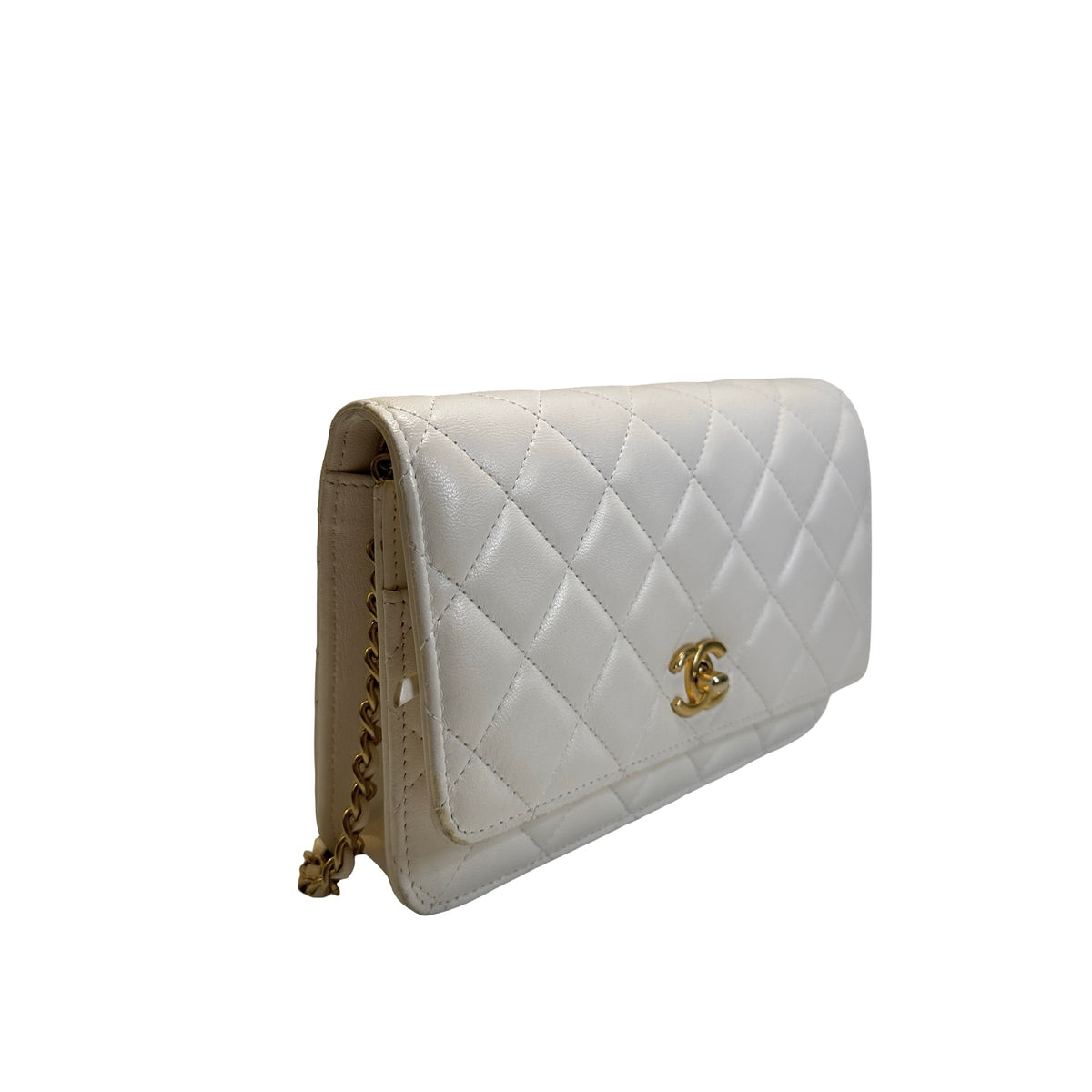 Used CHANEL Quilted Lambskin Wallet on chain Wallet on chain White Gold