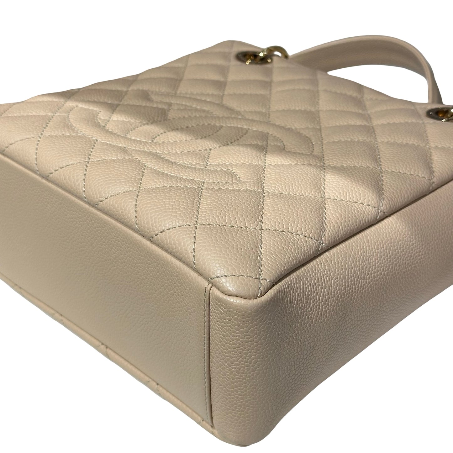 Used CHANEL Calfskin Leather PST Tote Bag Beige GHW