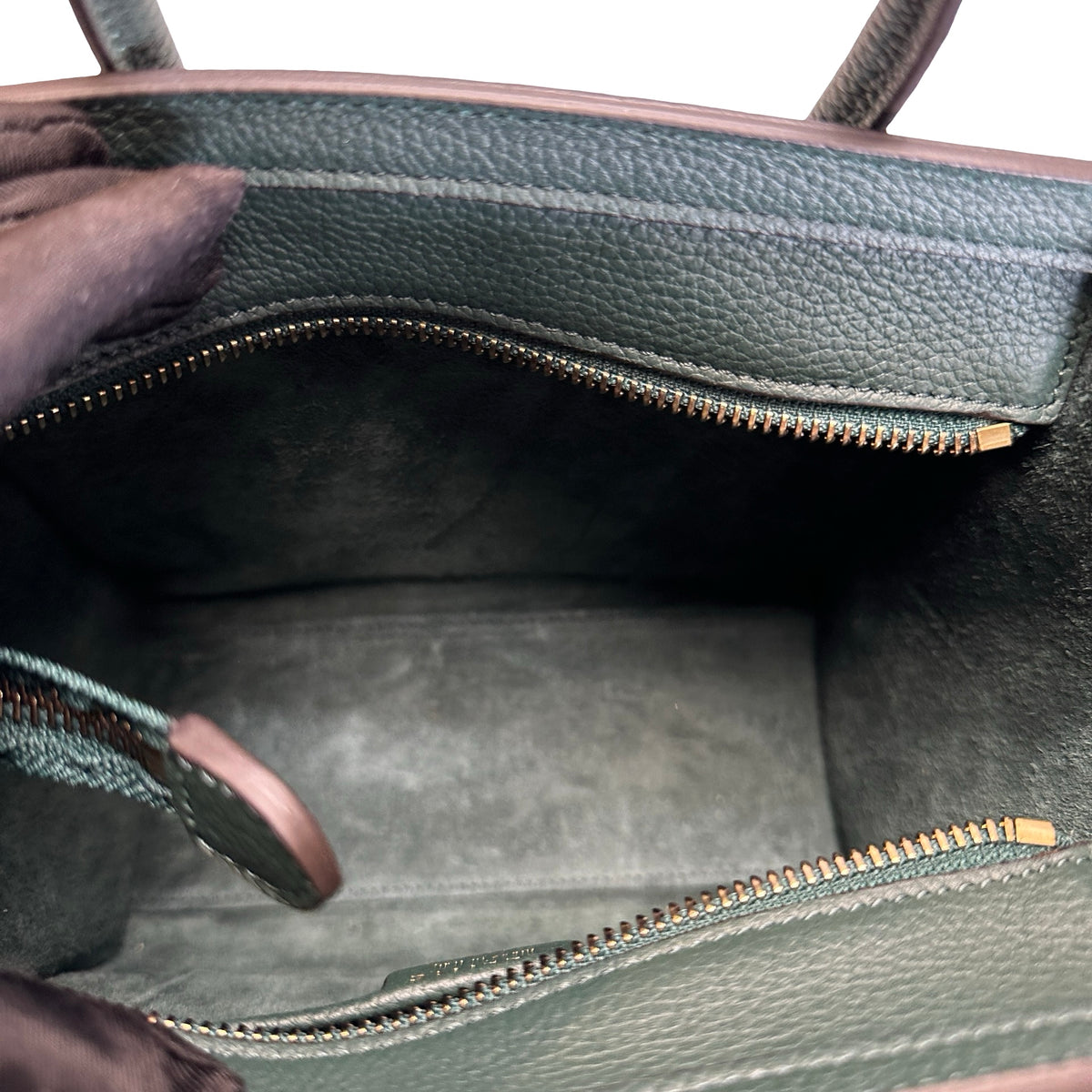 Used CELINE Drummed Calfskin Luggage Nano Handbag Dark Green