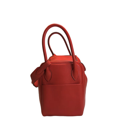 Used HERMES Clemence Lindy 26 Handbag Red PHW