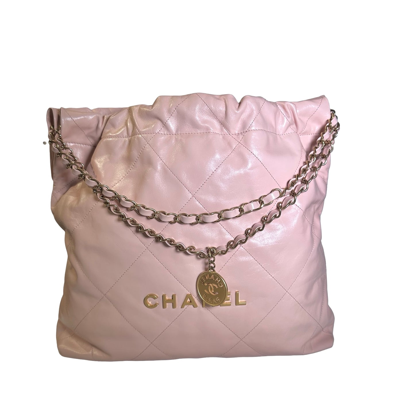 Used CHANEL Calfskin Leather 22 Medium Shoulder Bag Pink GHW