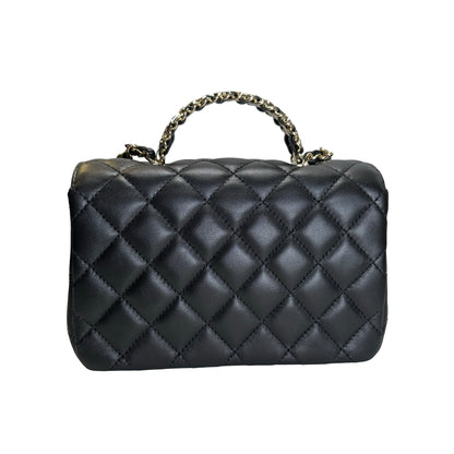 Used CHANEL Quilted Leather Mini Flap Bag with Top Handle Handbag Black