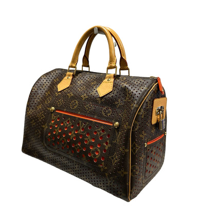 Used LOUIS VUITTON Monogram Perforated Speedy 30 Handbag Brown Fuchsia