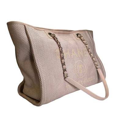 Used CHANEL Canvas Logo Deauville Tote Tote Bag Beige GHW