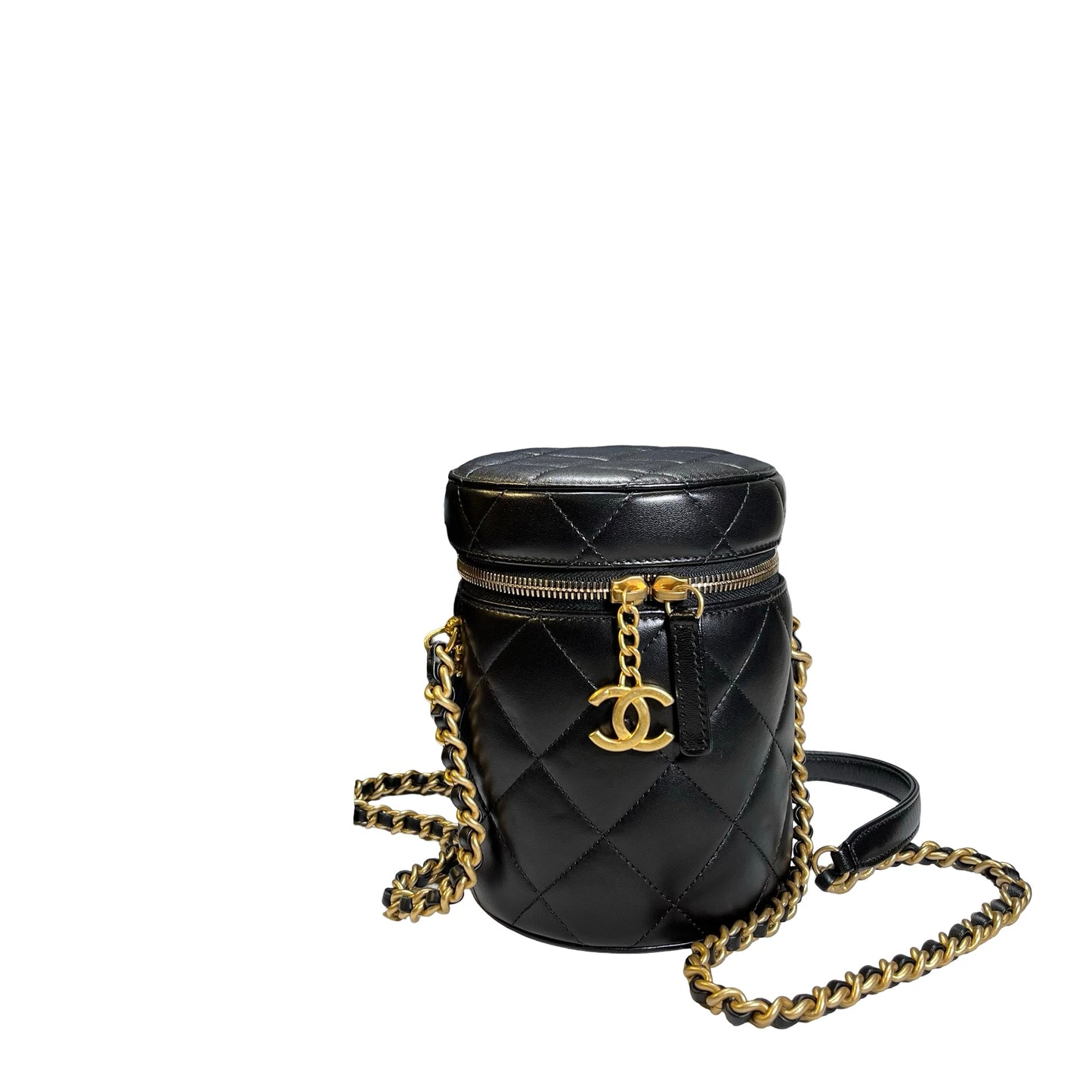 Used CHANEL Diamond Quilted Lambskin Cylindrical Vanity Case with Chain Vanity case Black GHW