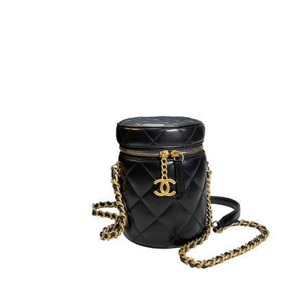 Used CHANEL Diamond Quilted Lambskin Cylindrical Vanity Case with Chain Vanity case Black GHW