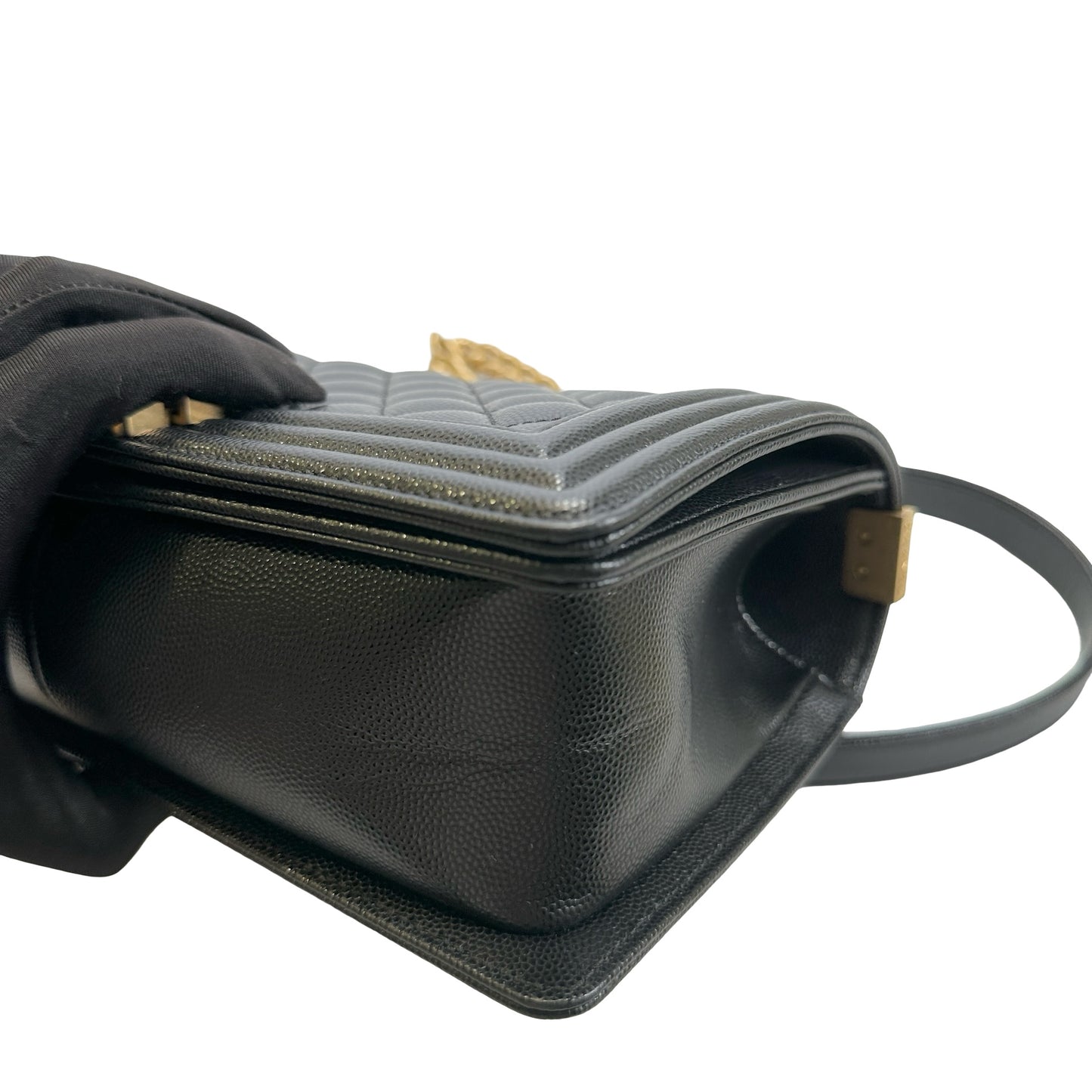 Used CHANEL Quilted Caviar Leather Le Boy Shoulder Bag Black Gold Hardware