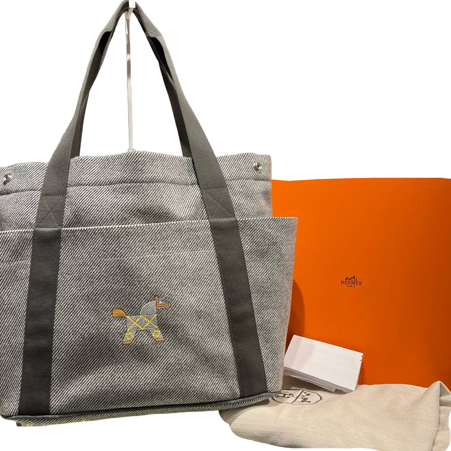 Used HERMES Canvas Animaux Nattes Nappy Bag Tote Bag Grey