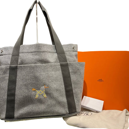 Used HERMES Canvas Animaux Nattes Nappy Bag Tote Bag Grey