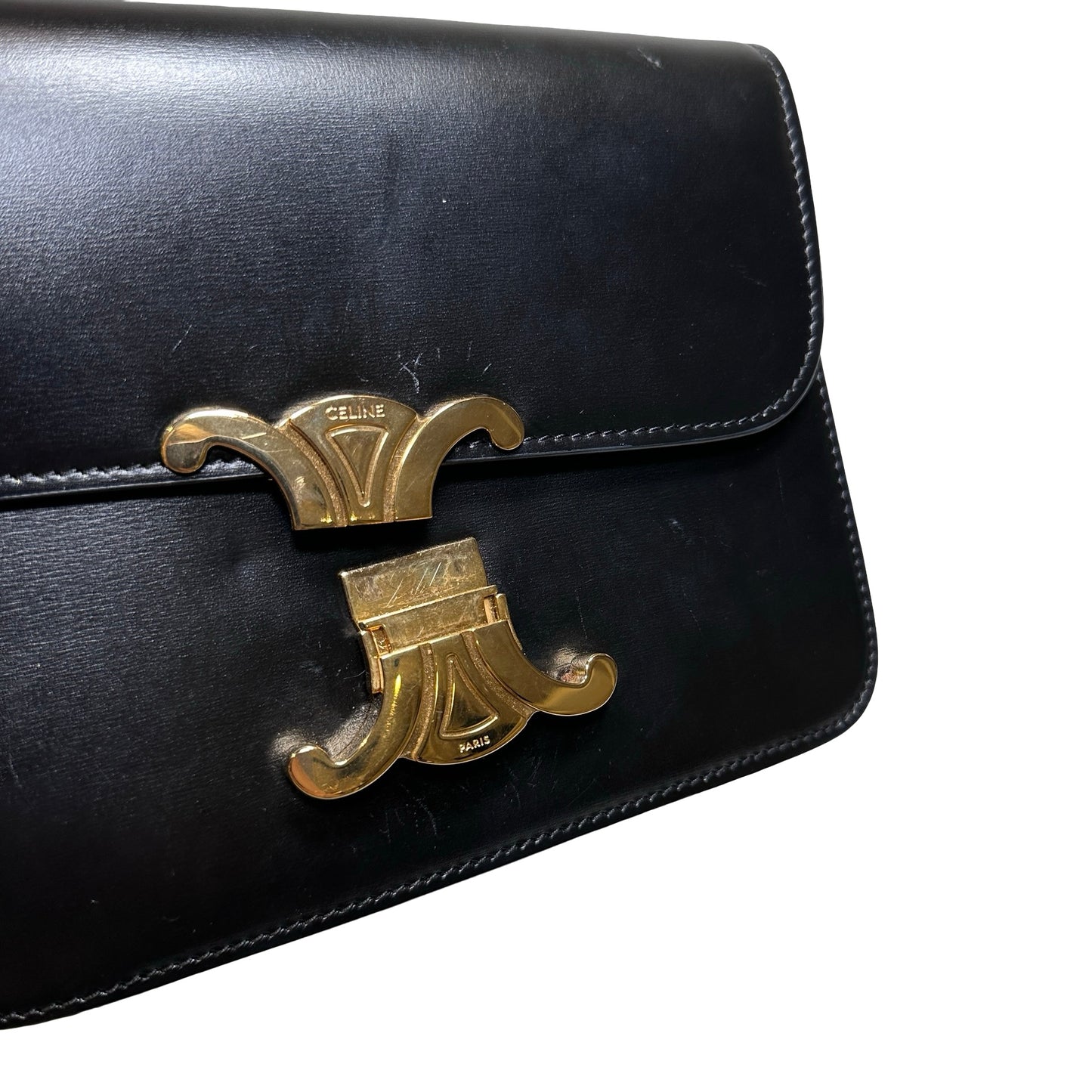 Used CÉLINE Calfskin Leather TEEN TRIOMPHE Cross Body Bag Black GHW