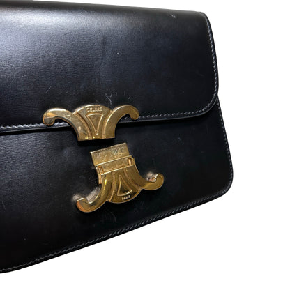 Used CÉLINE Calfskin Leather TEEN TRIOMPHE Cross Body Bag Black GHW